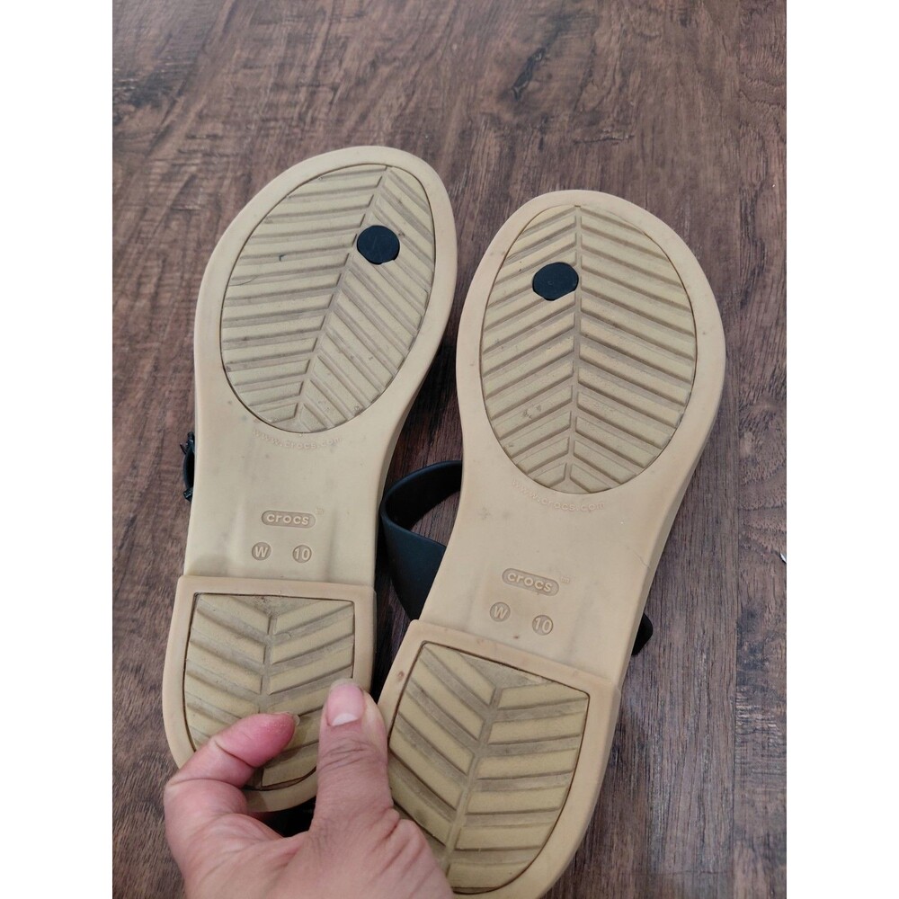 Crocs Tulum Toe Post Sandal Black Tan Rubber Comfort Sandals, Size Womens 10 - Picture 6 of 12